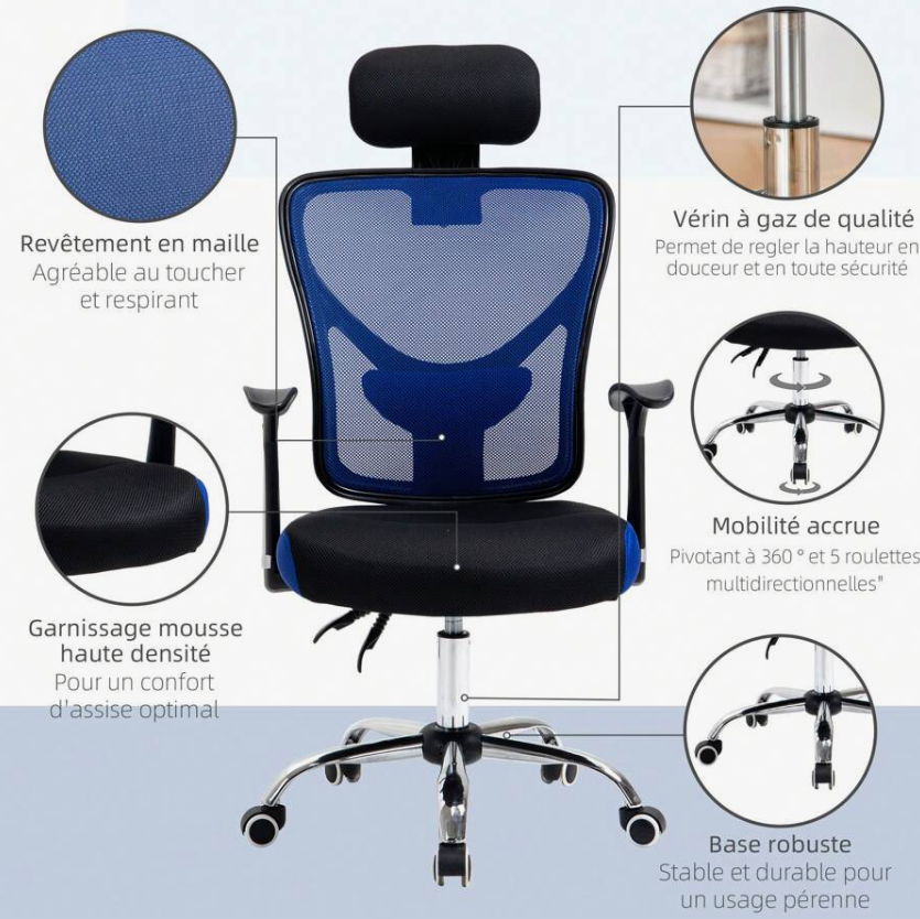Fauteuil Campus Ergo Air — maille respirante, réglage hauteur, pivot 360°